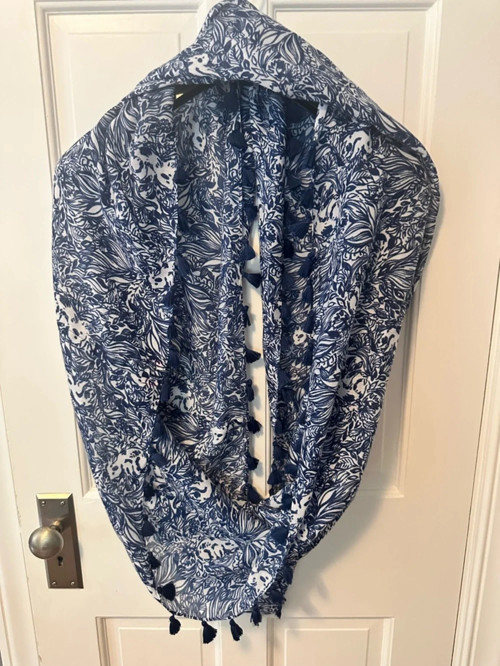 Lilly Pulitzer Navy and White Floral Infinity Scarf with Tassels